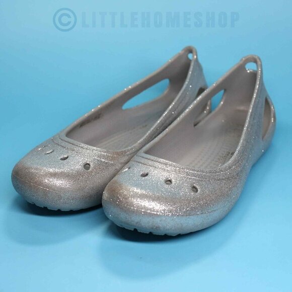 EUC Crocs Girls Kadee Silver Sparkle Slip On Flats Shoes, Size J6 - Picture 1 of 7